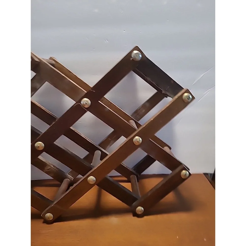 Vintage Wooden‎ Accordion Folding Wine Rack With Decorative Brass Studs